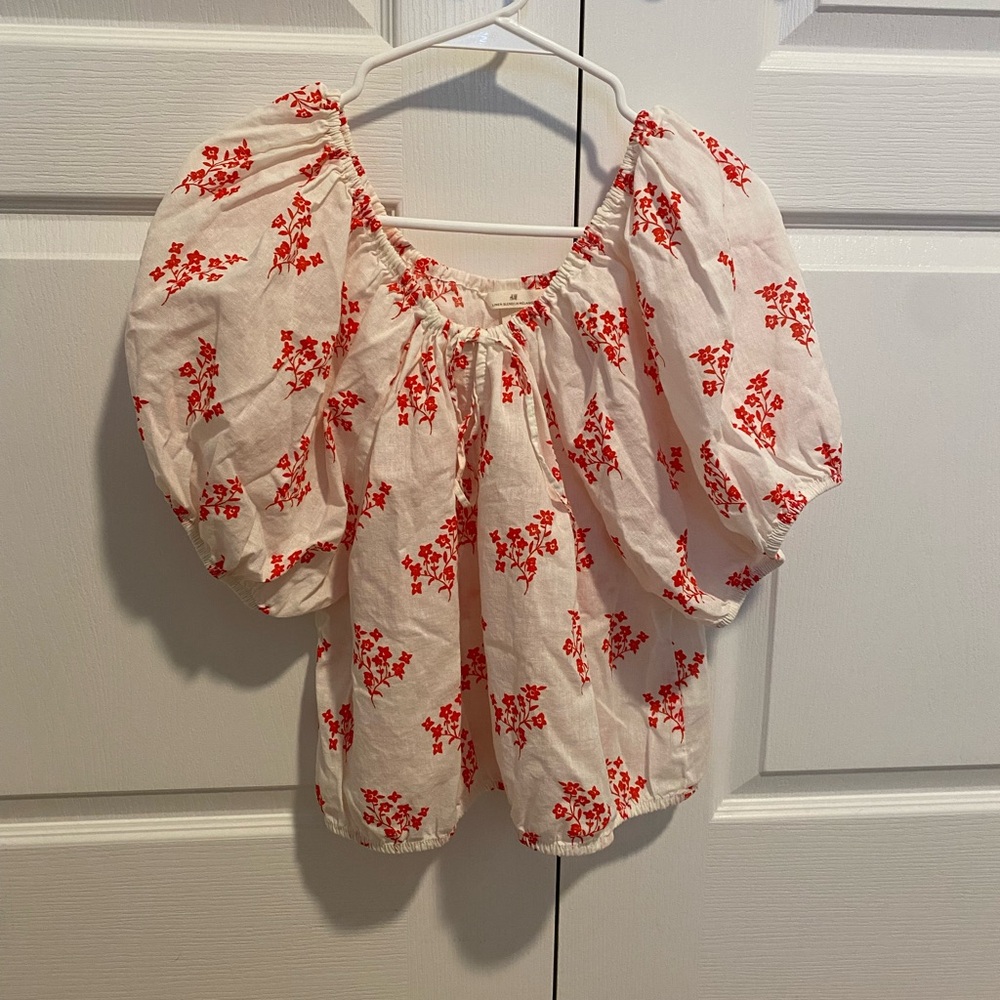 H&M Linen Floral Blouse - Red and Cream